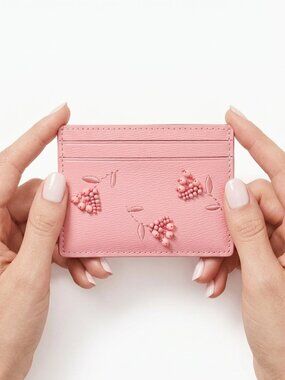 Kate Spade Pink Saffiano Leather Beaded Floral Card Holder - NWT